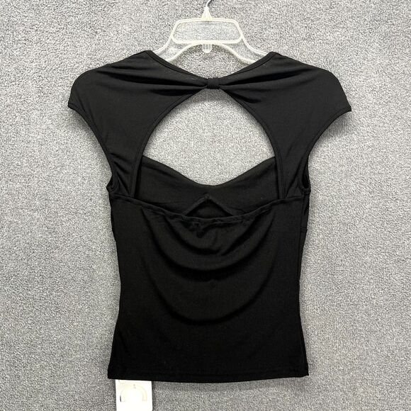 Commense Top Womens Medium Black Cutout cap Sleeve stretch semi sheer - Picture 4 of 16
